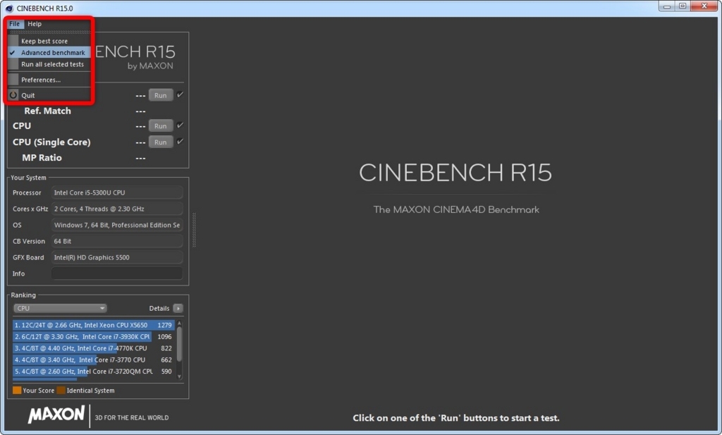 Cinebench R15：ベンチマークテスト方法１