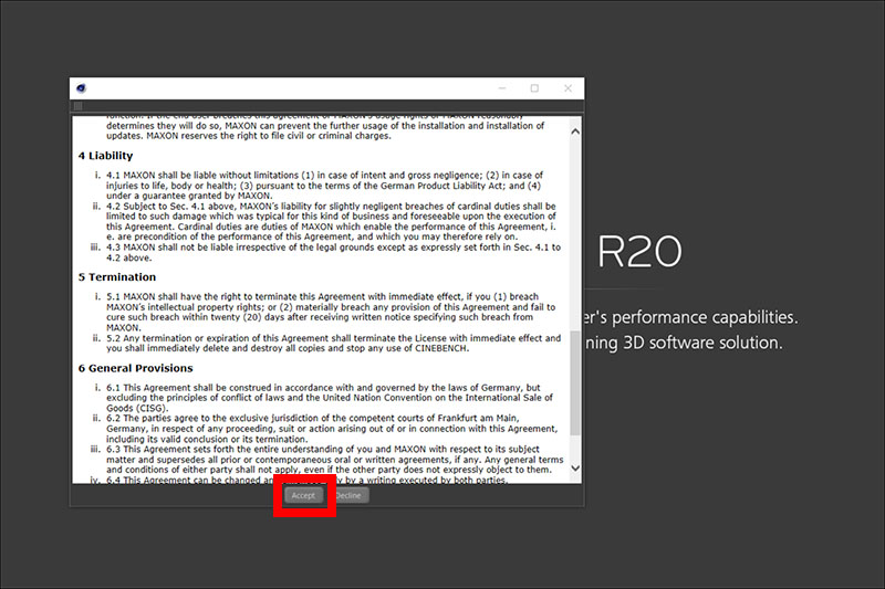 Cinebench R20：使用許諾画面に同意（Accept）