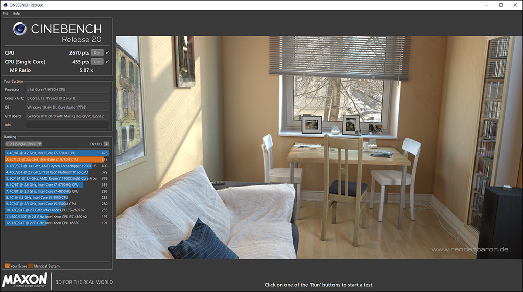 Legion Y740(15):Cinebench R20ベンチ結果