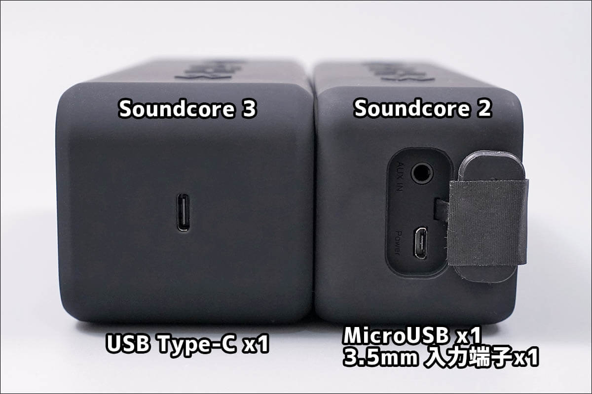 Soundcore 2と3の比較4：本体右面ポート類