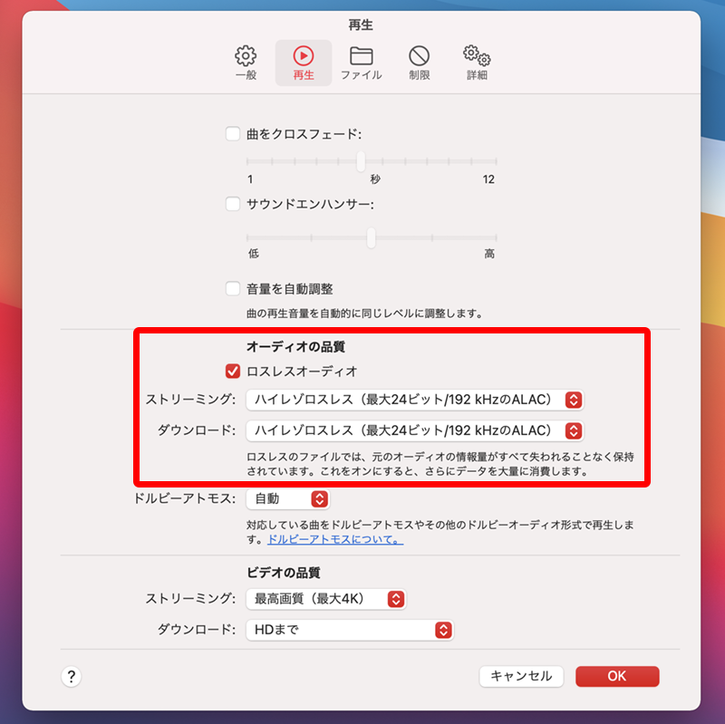 「ミュージック」メニュー＞「環境設定」での設定2